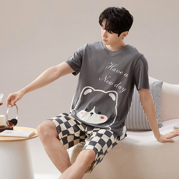 Πιτζάμες για άνδρες καλοκαιρινές απομιμήσεις βαμβακιού διπλό κοντό πουλόβερ φοιτητών αγόρια απλό και κομψό χαριτωμένο μοντέρνο κινούμενο σχέδιο ρούχα για το σπίτι μπορούν να φορεθούν έξω