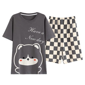 Πιτζάμες για άνδρες καλοκαιρινές απομιμήσεις βαμβακιού διπλό κοντό πουλόβερ φοιτητών αγόρια απλό και κομψό χαριτωμένο μοντέρνο κινούμενο σχέδιο ρούχα για το σπίτι μπορούν να φορεθούν έξω