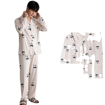 Σε απόθεμα Άνοιξη-Φθινόπωρο Νέα Ζαρωμένη Βαμβακερή Πιτζάμα με Κινούμενα Σχέδια, Ανδρική Μακρυμάνικη Πιτζάμα, Plus Size, Ρούχα για το Σπίτι