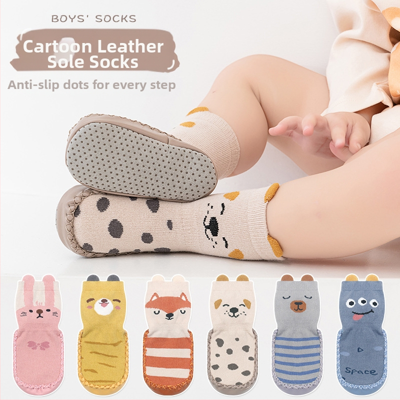 Korea stiilis libisemiskindlad beebikingad, sokid, kingad, imikud ja väikelapsed, liimiga põrandasokid, stereokoomiksiga nahast tallaga sokid