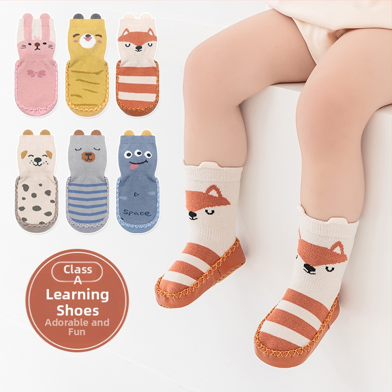 Корейски бебешки неплъзгащи се обувки за малки деца, чорапи, обувки, бебета и малки деца, лепящи се чорапи за под, стерео анимационни кожени чорапи