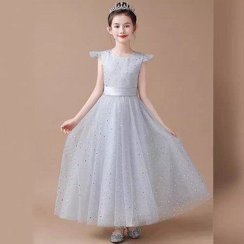 Παιδικό Φόρεμα Ασημί Γκρι Φόρεμα Πριγκίπισσας Κοστούμι Σόλο Μαέστρου Ορχήστρας για Κορίτσια Κοστούμι Υψηλής Ποιότητας για Πιάνο Φόρεμα για Κορίτσι με Λουλούδι