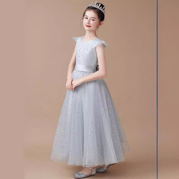 Παιδικό Φόρεμα Ασημί Γκρι Φόρεμα Πριγκίπισσας Κοστούμι Σόλο Μαέστρου Ορχήστρας για Κορίτσια Κοστούμι Υψηλής Ποιότητας για Πιάνο Φόρεμα για Κορίτσι με Λουλούδι