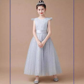 Παιδικό Φόρεμα Ασημί Γκρι Φόρεμα Πριγκίπισσας Κοστούμι Σόλο Μαέστρου Ορχήστρας για Κορίτσια Κοστούμι Υψηλής Ποιότητας για Πιάνο Φόρεμα για Κορίτσι με Λουλούδι
