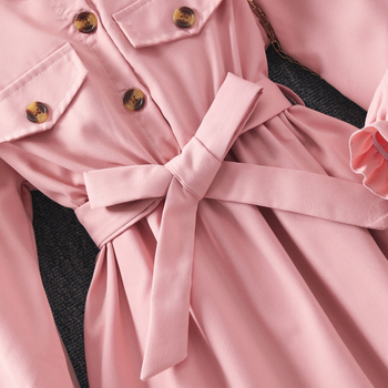 Νέο φόρεμα με μακριά μανίκια και πέτο σε διασυνοριακό χρώμα για κορίτσια, μονόχρωμο, με ζώνη και καπέλο, μια γενιά μαλλιών