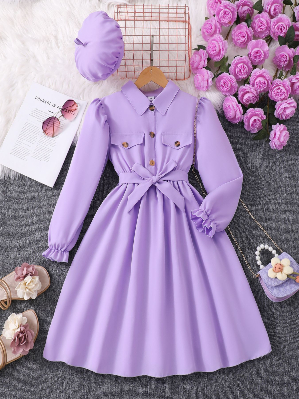 Νέο φόρεμα με μακριά μανίκια και πέτο σε διασυνοριακό χρώμα για κορίτσια, μονόχρωμο, με ζώνη και καπέλο, μια γενιά μαλλιών