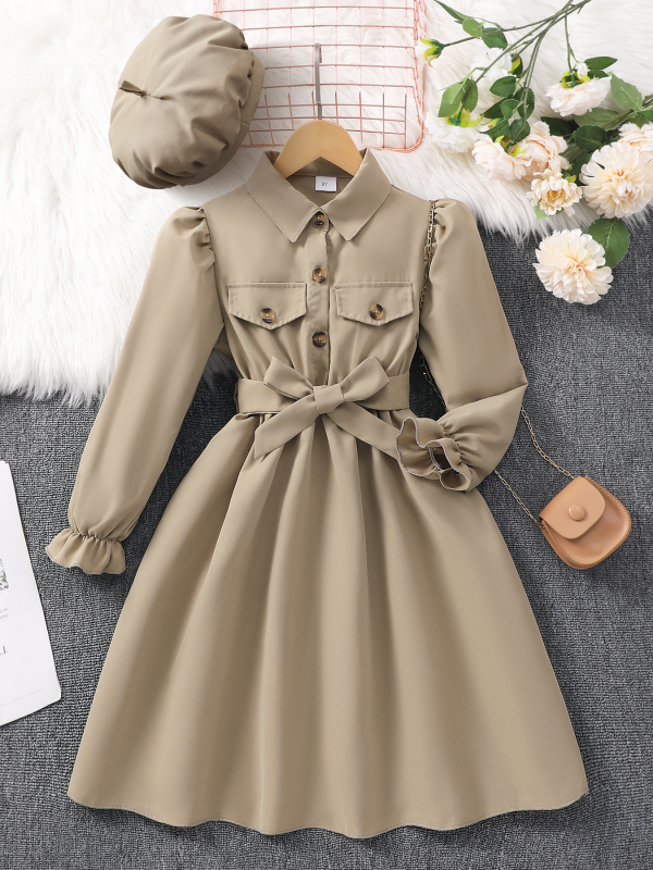 Νέο φόρεμα με μακριά μανίκια και πέτο σε διασυνοριακό χρώμα για κορίτσια, μονόχρωμο, με ζώνη και καπέλο, μια γενιά μαλλιών