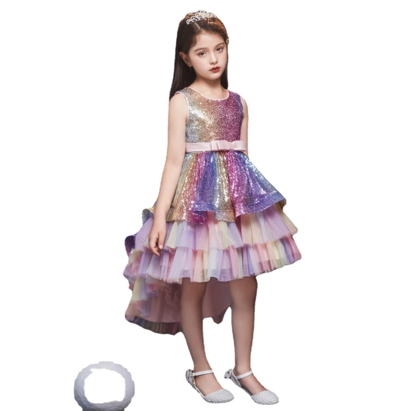 Djevojačka šarena šljokičasta gradijentna asimetrična haljina s repom, dječja vjenčanica, haljina za voditeljicu modne piste