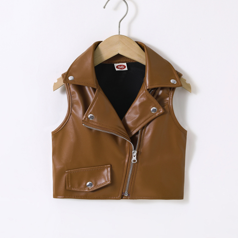 Piiriülese väliskaubanduse laste riided 2024 uued tüdrukutele Briti stiilis Euroopa ja Ameerika laste vest PU laste lukuga neetidega nahkvest