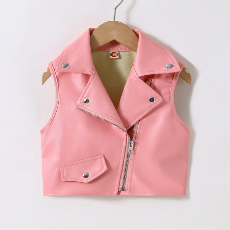 Piiriülese väliskaubanduse laste riided 2024 uued tüdrukutele Briti stiilis Euroopa ja Ameerika laste vest PU laste lukuga neetidega nahkvest