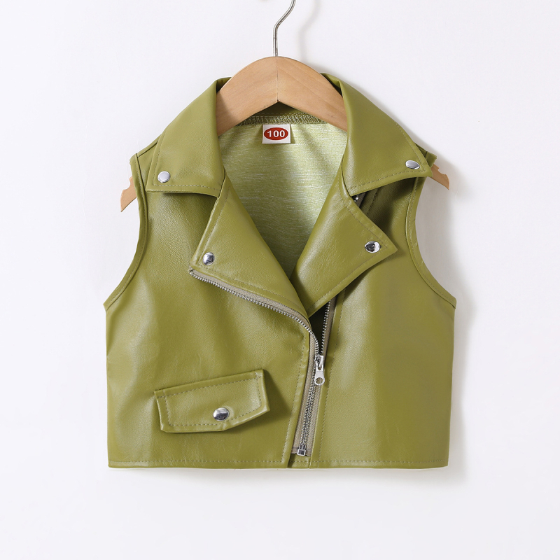 Piiriülese väliskaubanduse laste riided 2024 uued tüdrukutele Briti stiilis Euroopa ja Ameerika laste vest PU laste lukuga neetidega nahkvest