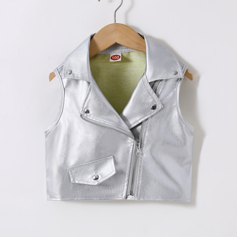 Piiriülese väliskaubanduse laste riided 2024 uued tüdrukutele Briti stiilis Euroopa ja Ameerika laste vest PU laste lukuga neetidega nahkvest