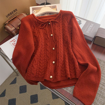 Femeii de toamnă și de iarnă, stil japonez, stil proaspăt, curea răsucită, pulover retro dulce, vrac, scurt, îmbrăcăminte exterioară, chic, tricotat, top