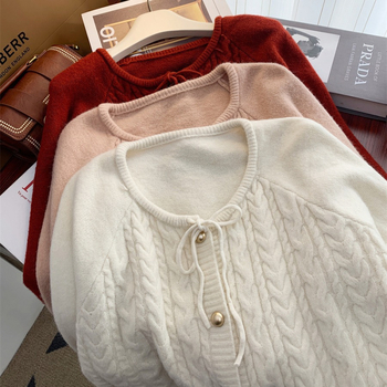 Femeii de toamnă și de iarnă, stil japonez, stil proaspăt, curea răsucită, pulover retro dulce, vrac, scurt, îmbrăcăminte exterioară, chic, tricotat, top