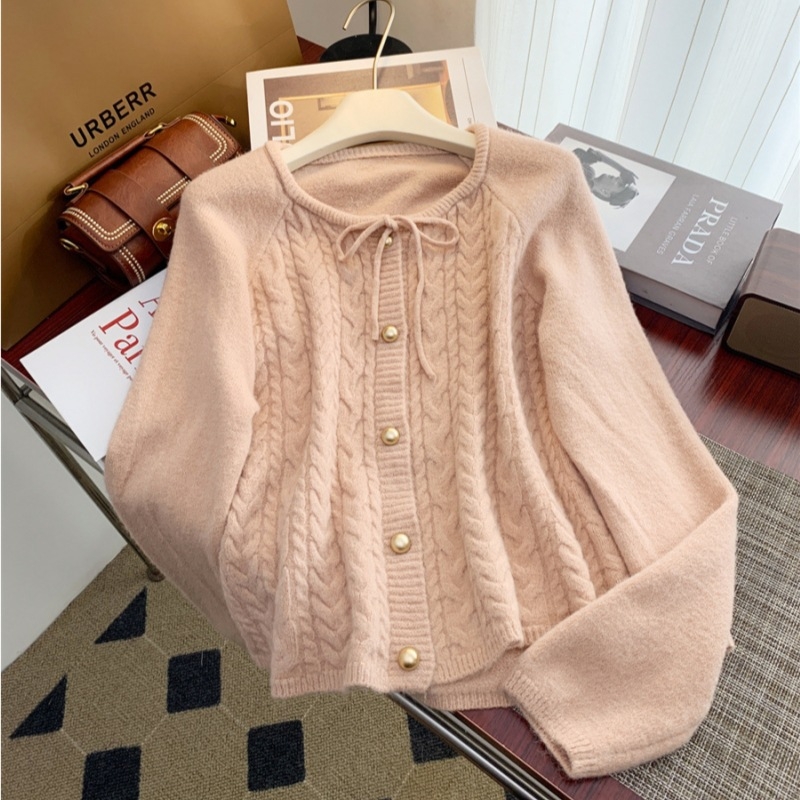 Femeii de toamnă și de iarnă, stil japonez, stil proaspăt, curea răsucită, pulover retro dulce, vrac, scurt, îmbrăcăminte exterioară, chic, tricotat, top