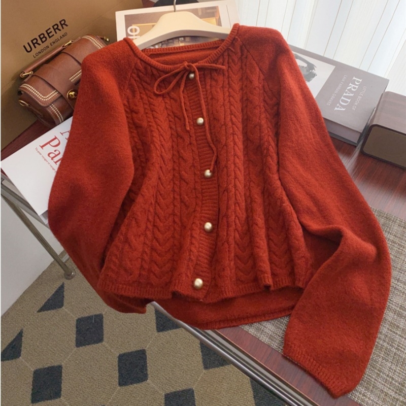 Femeii de toamnă și de iarnă, stil japonez, stil proaspăt, curea răsucită, pulover retro dulce, vrac, scurt, îmbrăcăminte exterioară, chic, tricotat, top