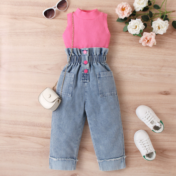 Îmbrăcăminte pentru copii transfrontalieră europeană și americană pentru fete, vară, culoare solidă, fără mâneci, pulover, pantaloni din denim, cu mâneci, set de două piese