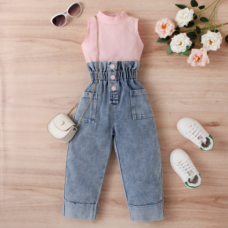 Îmbrăcăminte pentru copii transfrontalieră europeană și americană pentru fete, vară, culoare solidă, fără mâneci, pulover, pantaloni din denim, cu mâneci, set de două piese