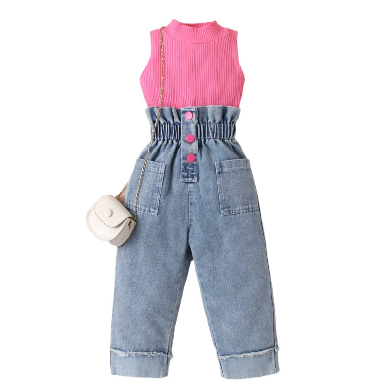 Îmbrăcăminte pentru copii transfrontalieră europeană și americană pentru fete, vară, culoare solidă, fără mâneci, pulover, pantaloni din denim, cu mâneci, set de două piese