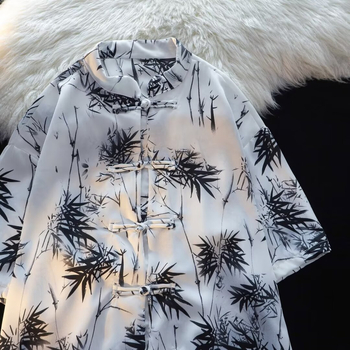 Νέο Κινέζικο Στυλ Πουκάμισο με Στάμπα Φύλλων Μπαμπού Ανδρικό Καλοκαιρινό Λεπτό Χαλαρό Ντραπέ Πουκάμισο με Μισό Μανίκι