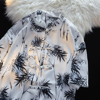 Νέο Κινέζικο Στυλ Πουκάμισο με Στάμπα Φύλλων Μπαμπού Ανδρικό Καλοκαιρινό Λεπτό Χαλαρό Ντραπέ Πουκάμισο με Μισό Μανίκι