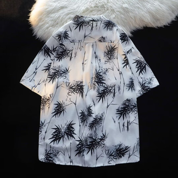 Νέο Κινέζικο Στυλ Πουκάμισο με Στάμπα Φύλλων Μπαμπού Ανδρικό Καλοκαιρινό Λεπτό Χαλαρό Ντραπέ Πουκάμισο με Μισό Μανίκι