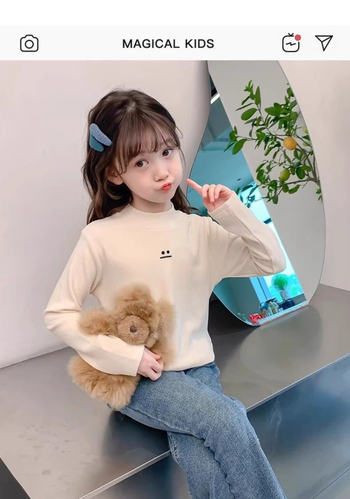 Nova dječja djevojačka osnovna majica iz 2025., jesenska i zimska, poluvisoka ovratnica, baršunasta zadebljana dječja majica kratkih rukava za srednju i veliku djecu