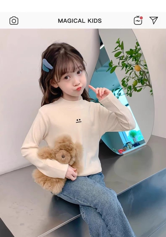 Nova dječja djevojačka osnovna majica iz 2025., jesenska i zimska, poluvisoka ovratnica, baršunasta zadebljana dječja majica kratkih rukava za srednju i veliku djecu