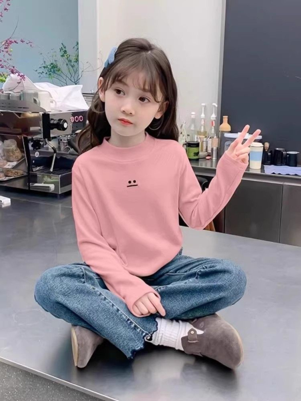 Nova dječja djevojačka osnovna majica iz 2025., jesenska i zimska, poluvisoka ovratnica, baršunasta zadebljana dječja majica kratkih rukava za srednju i veliku djecu