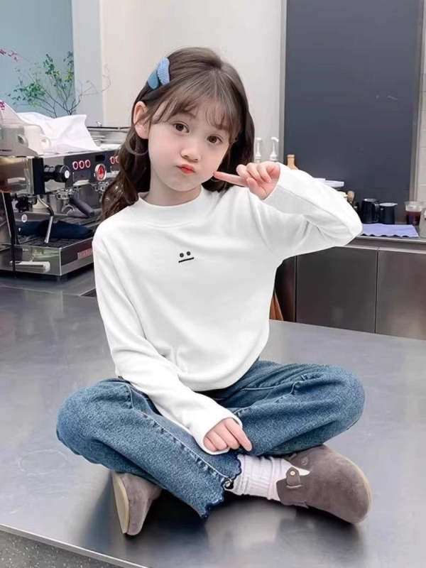 Nova dječja djevojačka osnovna majica iz 2025., jesenska i zimska, poluvisoka ovratnica, baršunasta zadebljana dječja majica kratkih rukava za srednju i veliku djecu