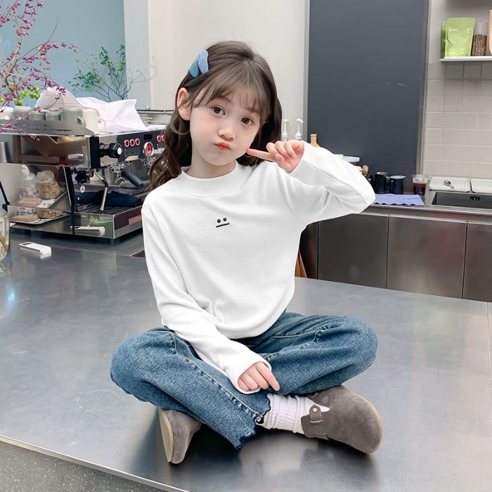 Nova dječja djevojačka osnovna majica iz 2025., jesenska i zimska, poluvisoka ovratnica, baršunasta zadebljana dječja majica kratkih rukava za srednju i veliku djecu