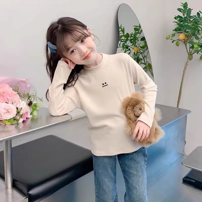 Nova dječja djevojačka osnovna majica iz 2025., jesenska i zimska, poluvisoka ovratnica, baršunasta zadebljana dječja majica kratkih rukava za srednju i veliku djecu