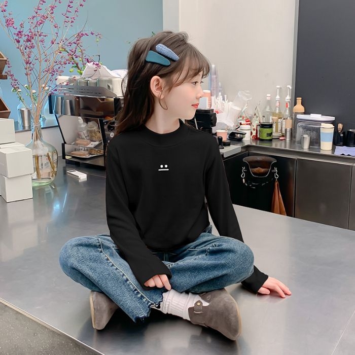 Nova dječja djevojačka osnovna majica iz 2025., jesenska i zimska, poluvisoka ovratnica, baršunasta zadebljana dječja majica kratkih rukava za srednju i veliku djecu