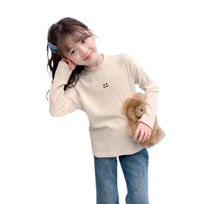 Nova dječja djevojačka osnovna majica iz 2025., jesenska i zimska, poluvisoka ovratnica, baršunasta zadebljana dječja majica kratkih rukava za srednju i veliku djecu