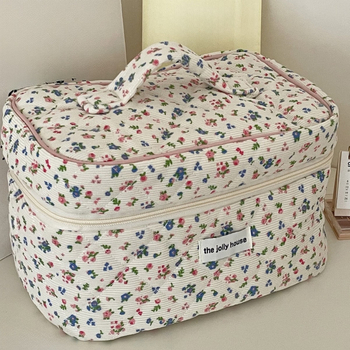 Velvetas, gėlių rašto kosmetinis krepšys, smėlio spalvos, aštuonkampis, didelės talpos, gaivus, saldus, patogus, minkštas, dygsniuotas