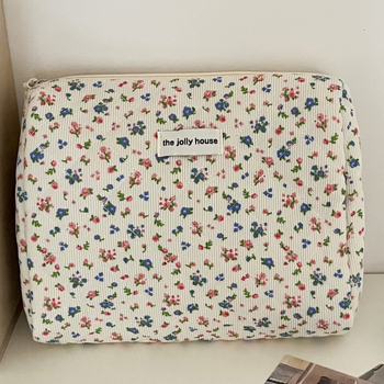 Velvetas, gėlių rašto kosmetinis krepšys, smėlio spalvos, aštuonkampis, didelės talpos, gaivus, saldus, patogus, minkštas, dygsniuotas