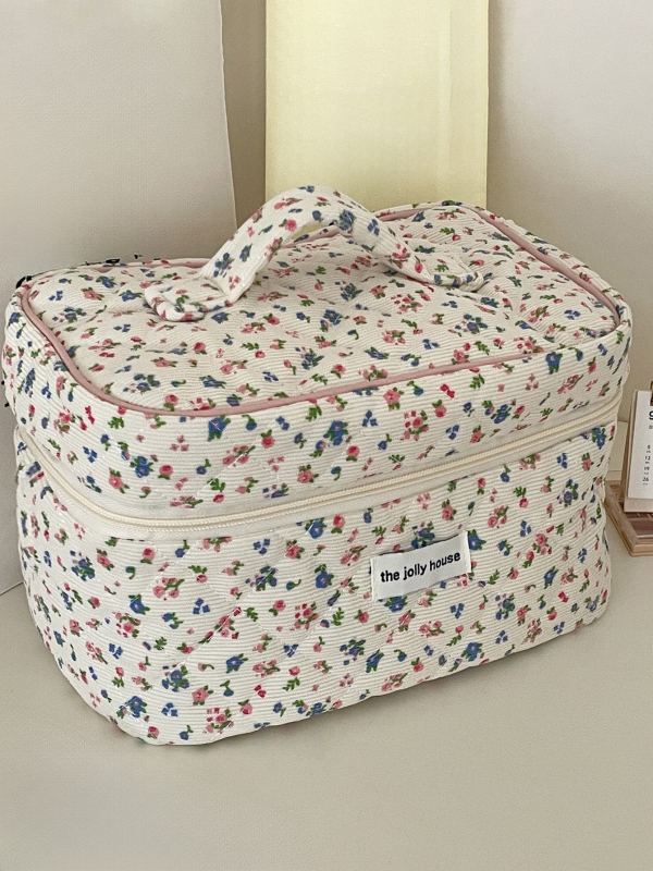 Velvetas, gėlių rašto kosmetinis krepšys, smėlio spalvos, aštuonkampis, didelės talpos, gaivus, saldus, patogus, minkštas, dygsniuotas