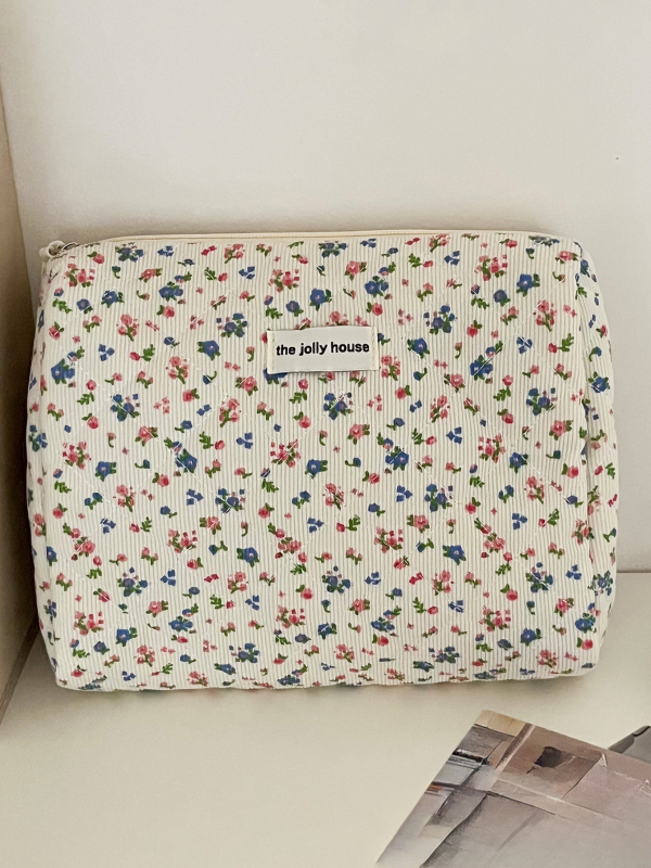 Velvetas, gėlių rašto kosmetinis krepšys, smėlio spalvos, aštuonkampis, didelės talpos, gaivus, saldus, patogus, minkštas, dygsniuotas