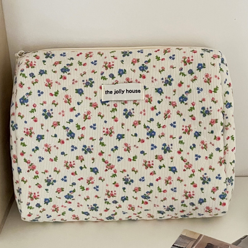 Velvetas, gėlių rašto kosmetinis krepšys, smėlio spalvos, aštuonkampis, didelės talpos, gaivus, saldus, patogus, minkštas, dygsniuotas