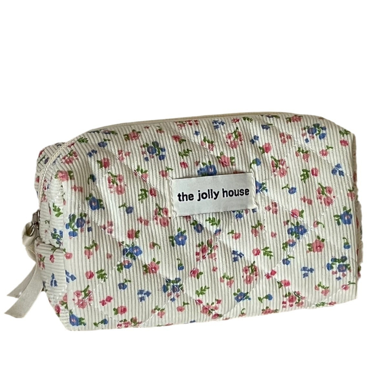 Velvetas, gėlių rašto kosmetinis krepšys, smėlio spalvos, aštuonkampis, didelės talpos, gaivus, saldus, patogus, minkštas, dygsniuotas