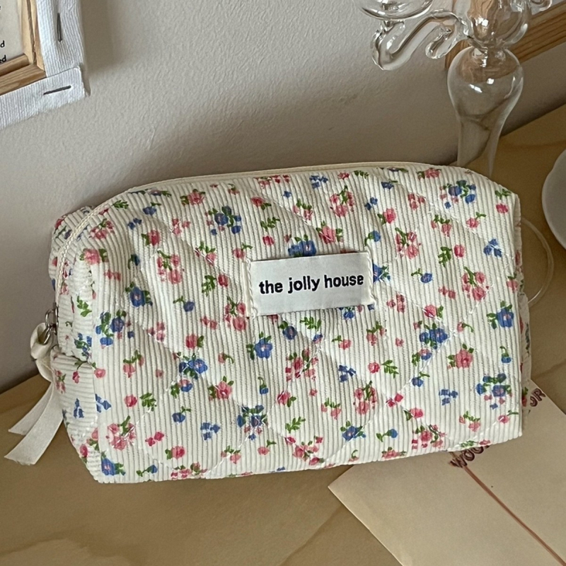 Velvetas, gėlių rašto kosmetinis krepšys, smėlio spalvos, aštuonkampis, didelės talpos, gaivus, saldus, patogus, minkštas, dygsniuotas