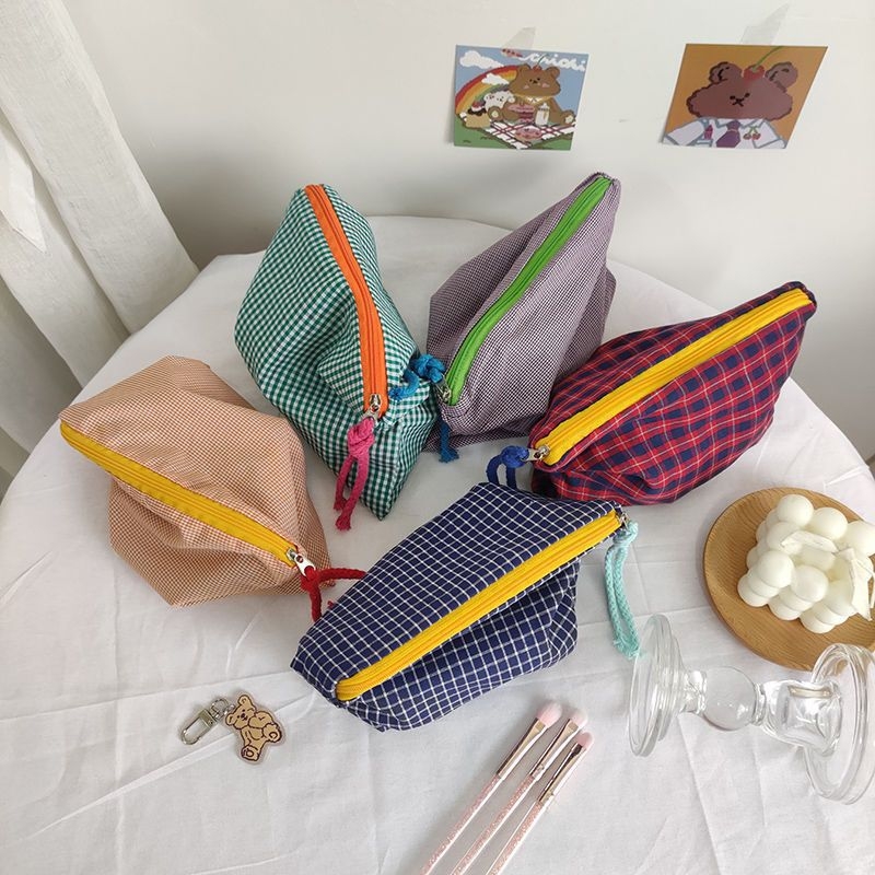 Klassikaline väike ruuduline kosmeetikakott, kaasaskantav, kaasaskantav retro kontrastvärvi kirjatarvete kott, suure mahutavusega multifunktsionaalne pinal