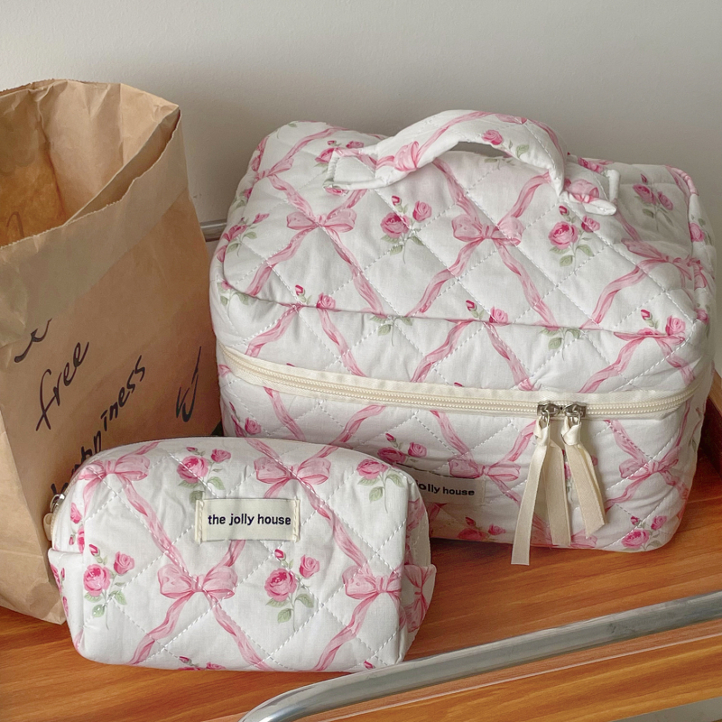 Kosmetikos krepšys su kaspino formos gėlių raštu, didelės talpos kosmetinis krepšys, dygsniuotas laikymo krepšys su rūmų raštu, nešiojamas minkštas rankinukas