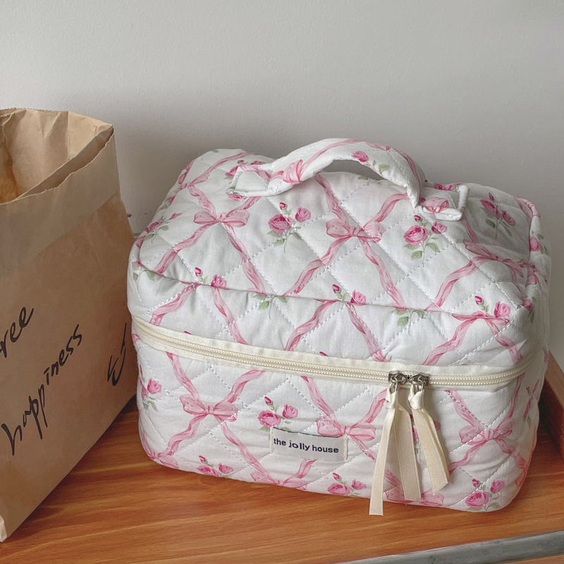 Kosmetikos krepšys su kaspino formos gėlių raštu, didelės talpos kosmetinis krepšys, dygsniuotas laikymo krepšys su rūmų raštu, nešiojamas minkštas rankinukas