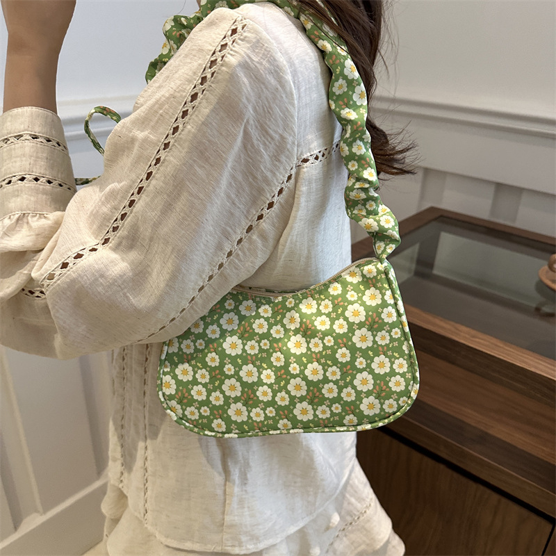 Elegantiška gėlėta paprasta pažastų rankinė su užsegimu, nauja pečių rankinė, miela pastoralinė rankinė, maža nailono rankinė