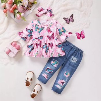 Σετ τριών τεμαχίων με παντελόνι και κορδέλα για μωρά, σε διασυνοριακό στυλ, με σχέδιο πεταλούδας και κεφαλιού για μωρά, σε ευρωπαϊκή και αμερικανική απόχρωση