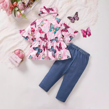 Σετ τριών τεμαχίων με παντελόνι και κορδέλα για μωρά, σε διασυνοριακό στυλ, με σχέδιο πεταλούδας και κεφαλιού για μωρά, σε ευρωπαϊκή και αμερικανική απόχρωση