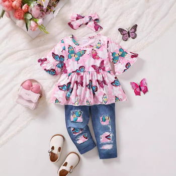 Σετ τριών τεμαχίων με παντελόνι και κορδέλα για μωρά, σε διασυνοριακό στυλ, με σχέδιο πεταλούδας και κεφαλιού για μωρά, σε ευρωπαϊκή και αμερικανική απόχρωση