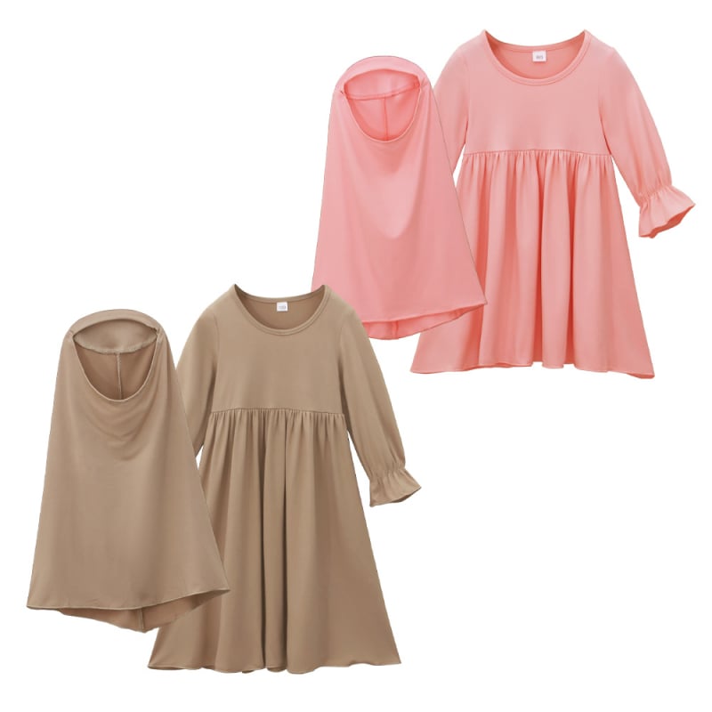 Rochie de primăvară și toamnă cu mânecă lungă și culoare solidă pentru femei și copii, stil european și american, rochie lungă cu glugă, set din două piese, rochie pentru copii