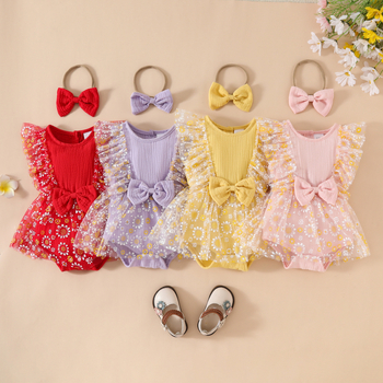 Salopetă triunghiulară fără mâneci pentru bebeluși europeni și americani, cu fustă de plasă cu flori, 0-1 an, salopetă de vară pentru nou-născuți